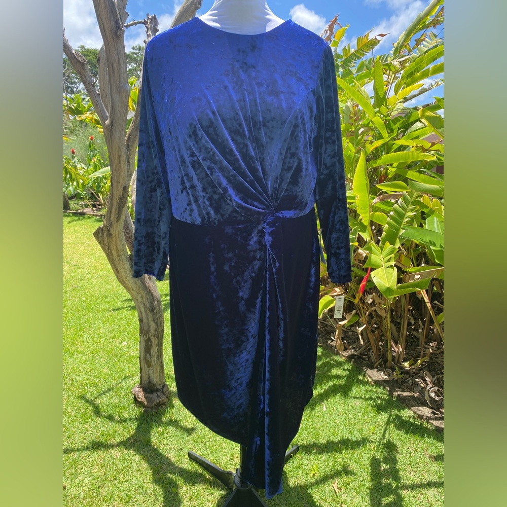 NWT Maggie London Woman Cobalt Stretch Velvet Long Sleeves Fitted Dress